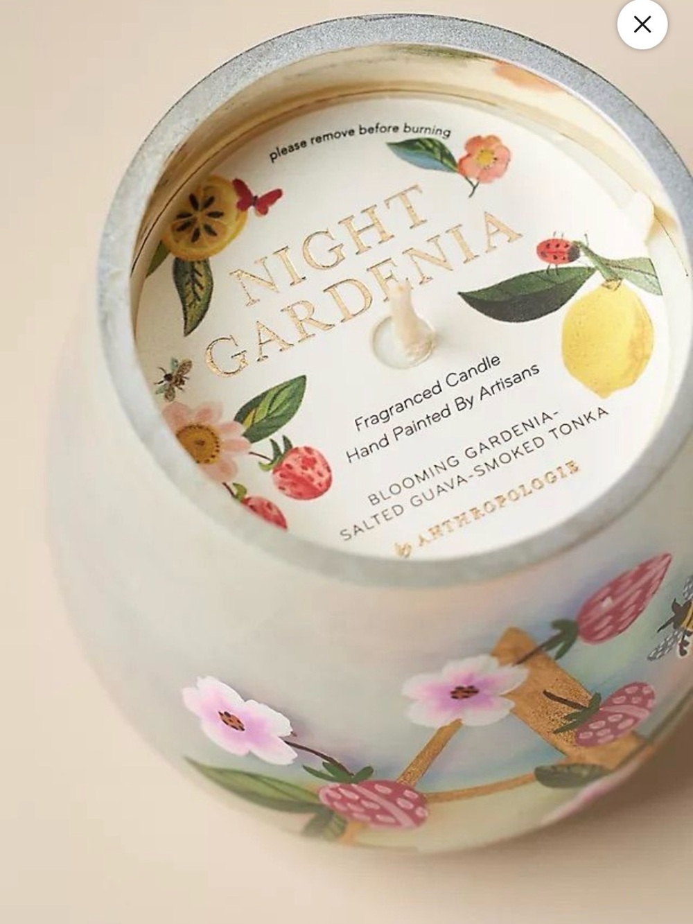 Anthropologie Floral Hand-Painted Gardenia Candle in White & Pink